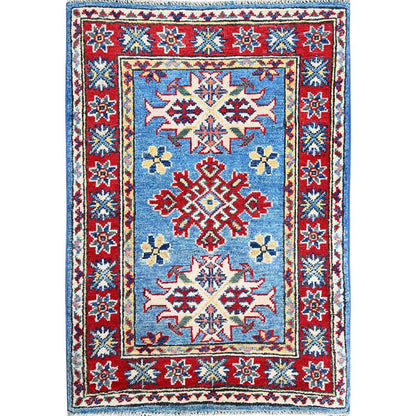 2'1"X3' Blue Kazak Tribal Medallions Design Hand Knotted Soft Wool Mat Rug