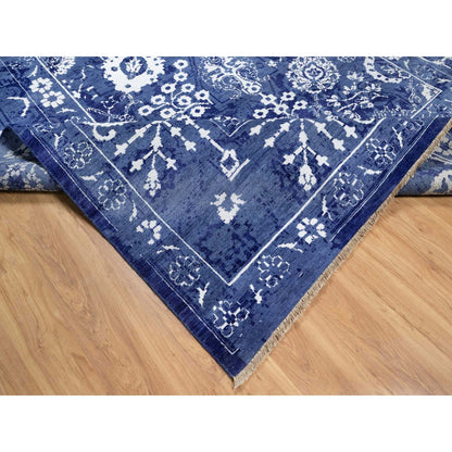 9'X12'3" Yale Blue Tebraz With Leaf Motifs Hand Knotted Wool And Silk Rug