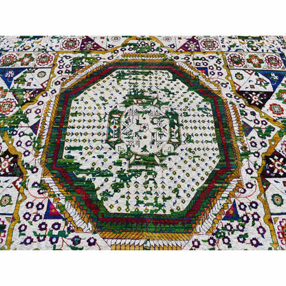 9'X12'1" Ivory Sari Silk Colorful Mamluk Design Hand Knotted Rug