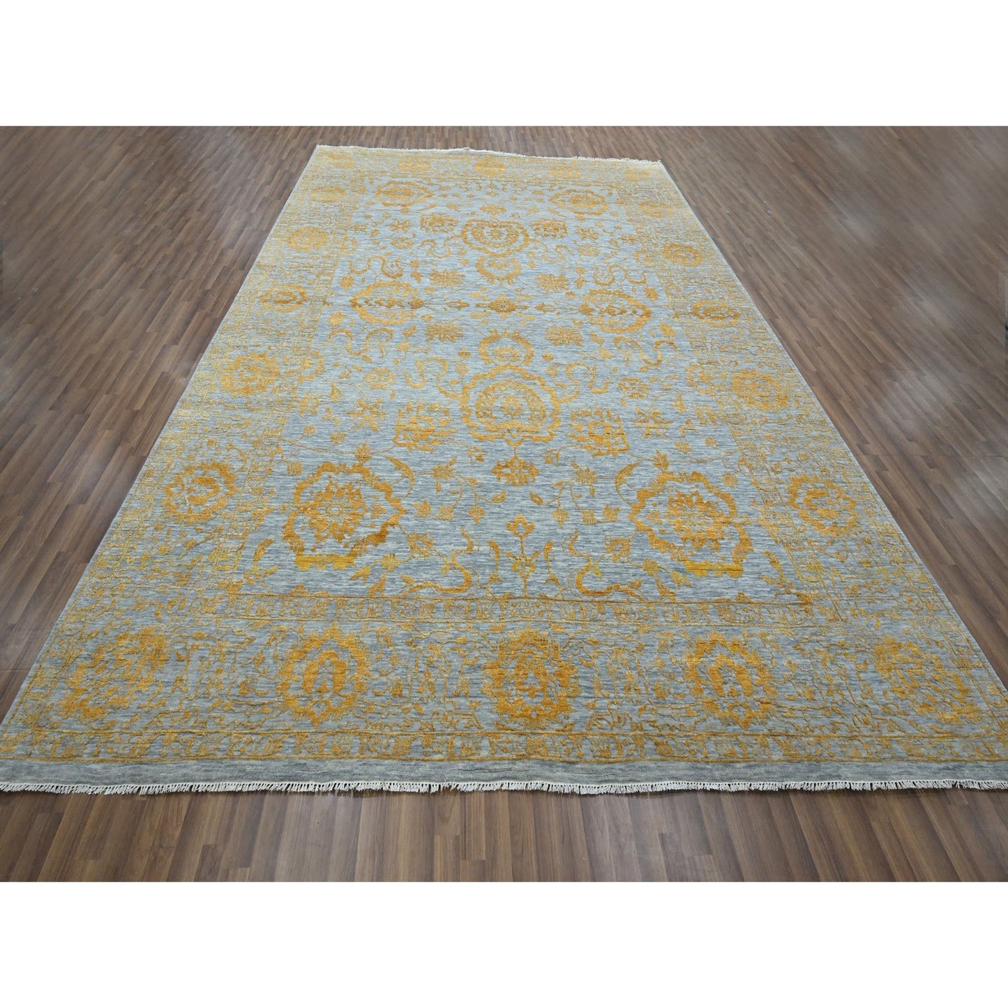 10'X14' Gold Zoroastrian Influence Design Hand Knotted Wool & Silk Rug
