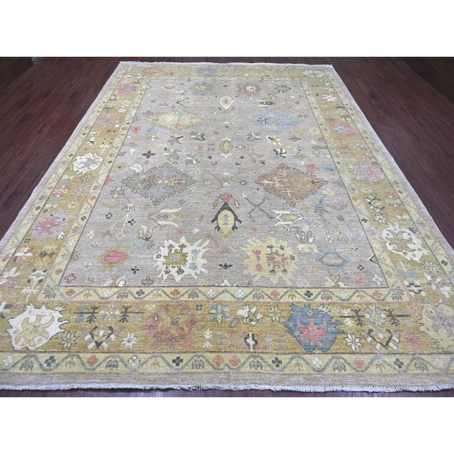 9'3"x12'2" Gray Peshawar with Serrated Gul Motif Hand Knotted Wool Rug
