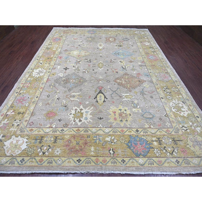 9'3"x12'2" Gray Peshawar with Serrated Gul Motif Hand Knotted Wool Rug
