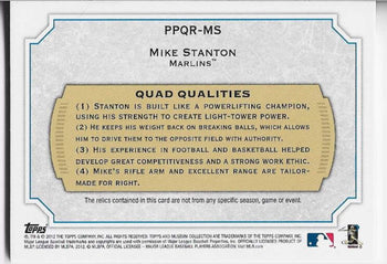 Mike Stanton 2012 Topps Museum Collection Game Used Quad Relic Card 82/99 #Ppqr-