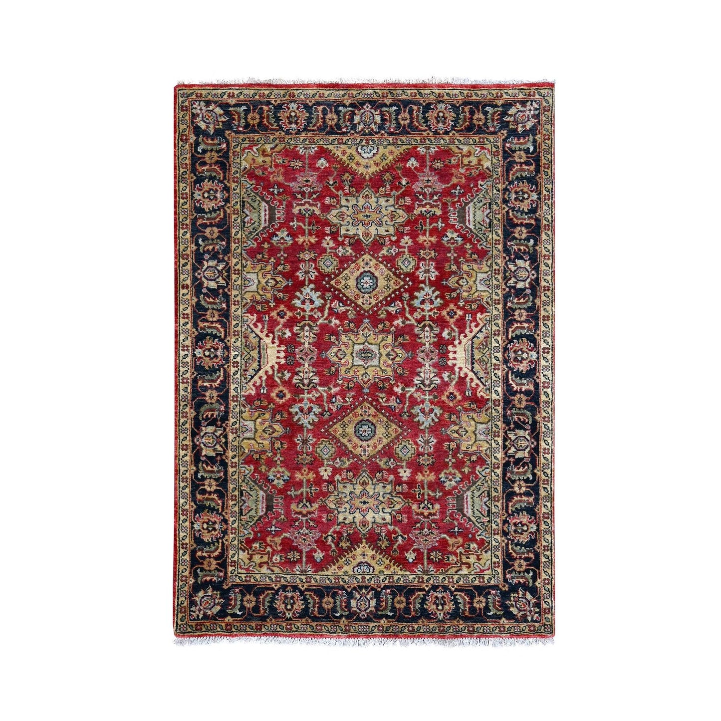 4'1"X6' Red And Black Karjihooz Design Wool Hand Knotted Oriental Rug