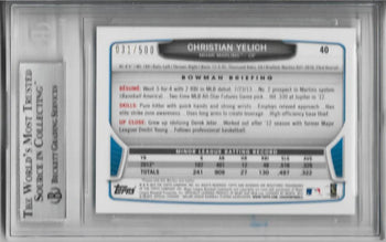 Christian Yelich 2013 Bowman Draft Blue Rookie Card (Bgs Mint 9) 31/500 #40