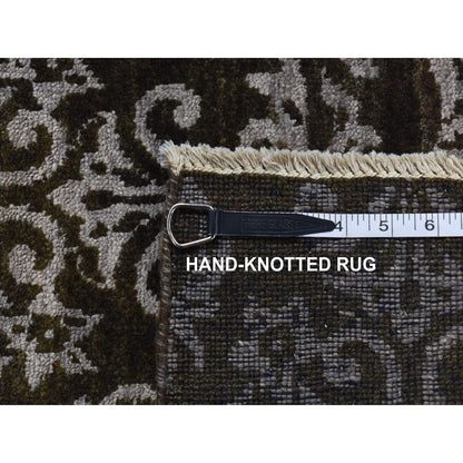 2'4"X9'8" Green Abarasque Motif Design Wool And Silk Handmade Runner Rug