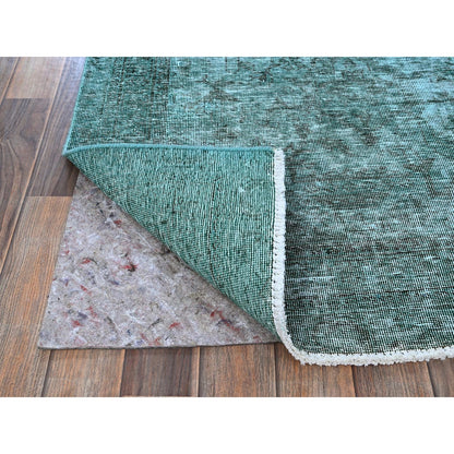 2'4"X10'2" Green Overdyed Vintage Zoroastrian Hand Knotted Wool Runner Rug