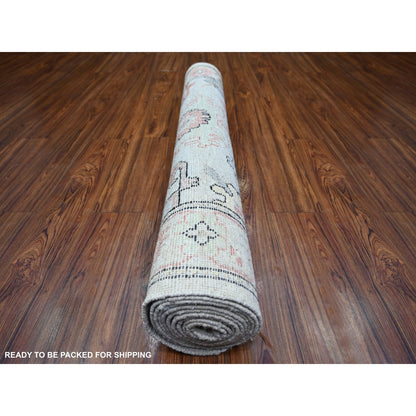4'2"X11'8" Gray Wool Hand Knotted Afghan Angora Oushak Runner Rug