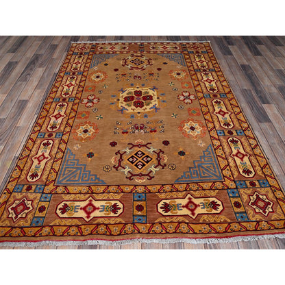 5'X6'10" Brown Afghan Khamyab With Khotan Design Hand Knotted Wool Rug