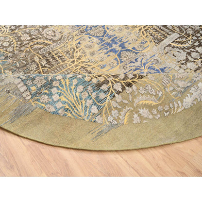 10'X10' Gold Brown Hand Knotted Transitional Sarouk Silk/Wool Round Rug