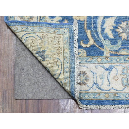 3'9"X13'3" Blue Fine Peshawar Soft Wool Hand Knotted Wide Runner Rug