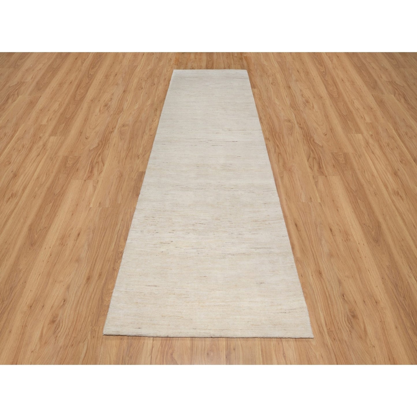 4'X12'1" White Hand Knotted Lori Buft Gabbeh Wool Wide Runner Rug
