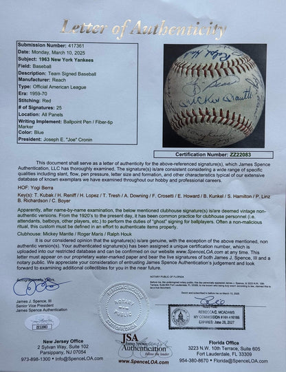 1963 New York Yankees Team Signed American League Baseball (Jsa)