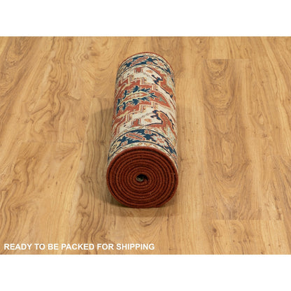 2'6"X12'2" Organic Wool Red Antiqued Heris Re-Creation Hand Knotted Rug