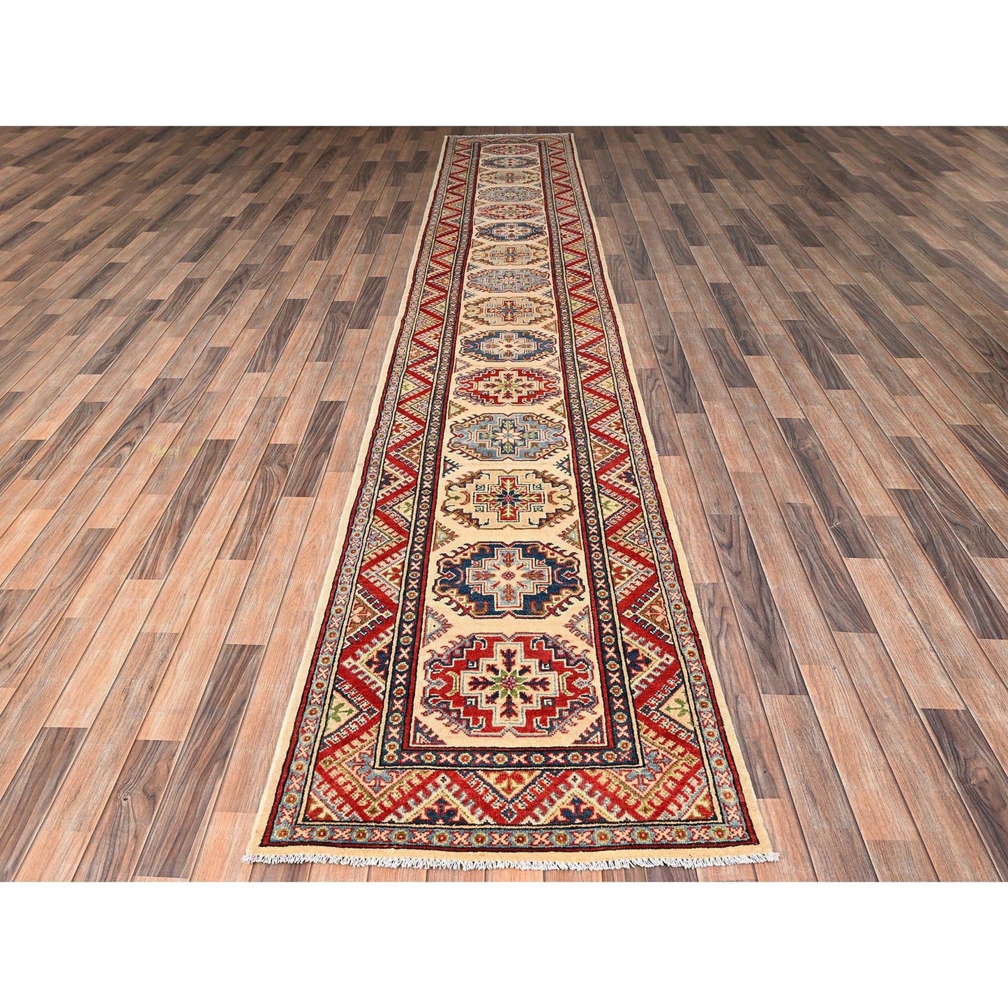 2'9"X15'4" Ivory Hand Knotted Rug Kazak With Geometric Design Wool Runner