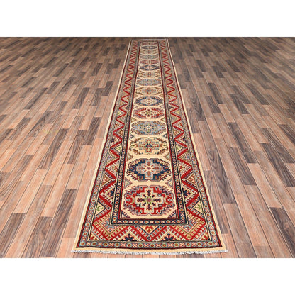 2'9"X15'4" Ivory Hand Knotted Rug Kazak With Geometric Design Wool Runner