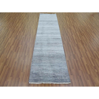 2'6"X10'2" Gray Wool And Silk Hand Knotted Modern Grass Design Runner Rug