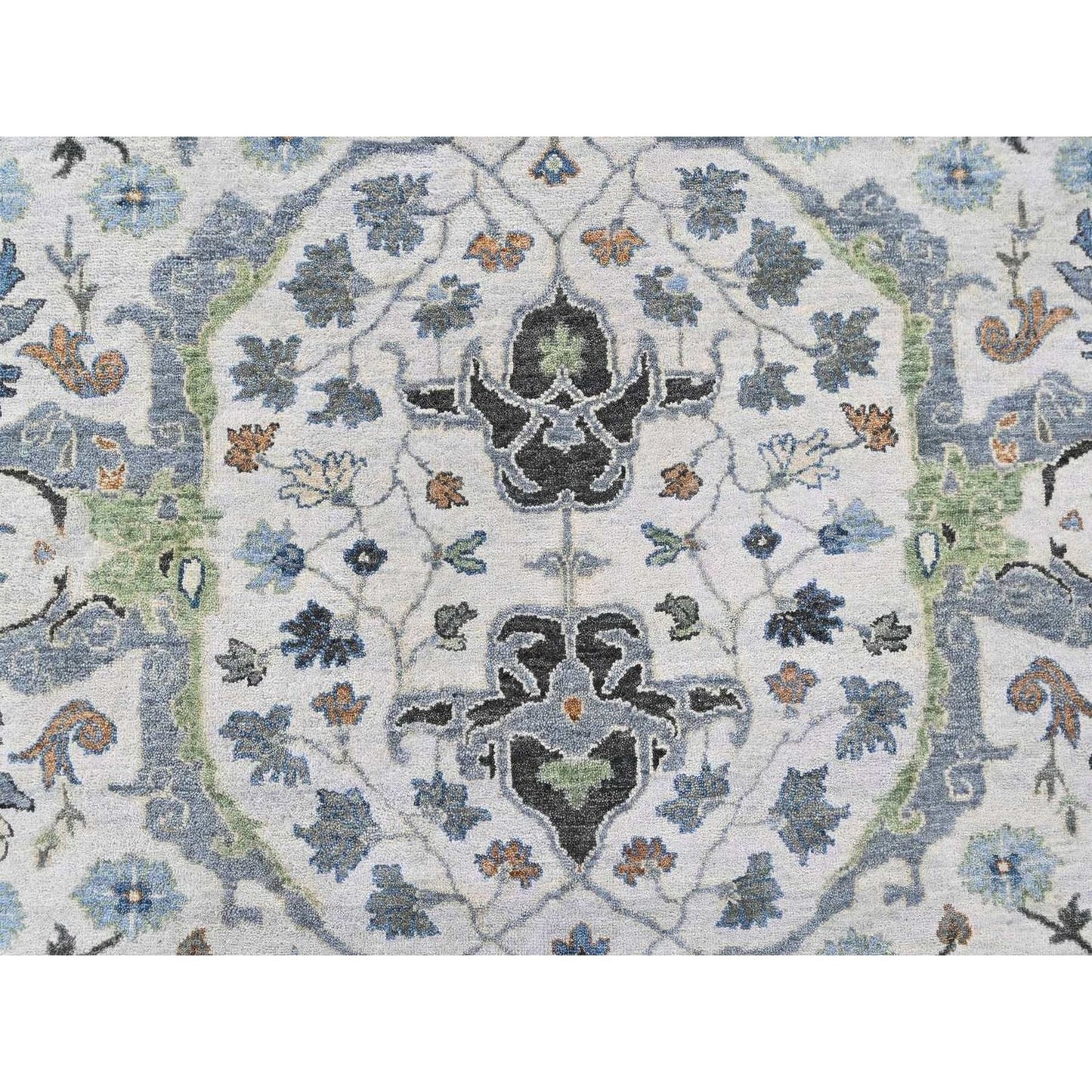 Oushak rug round wool hand knotted floral motifs 8'x8' gray oyster