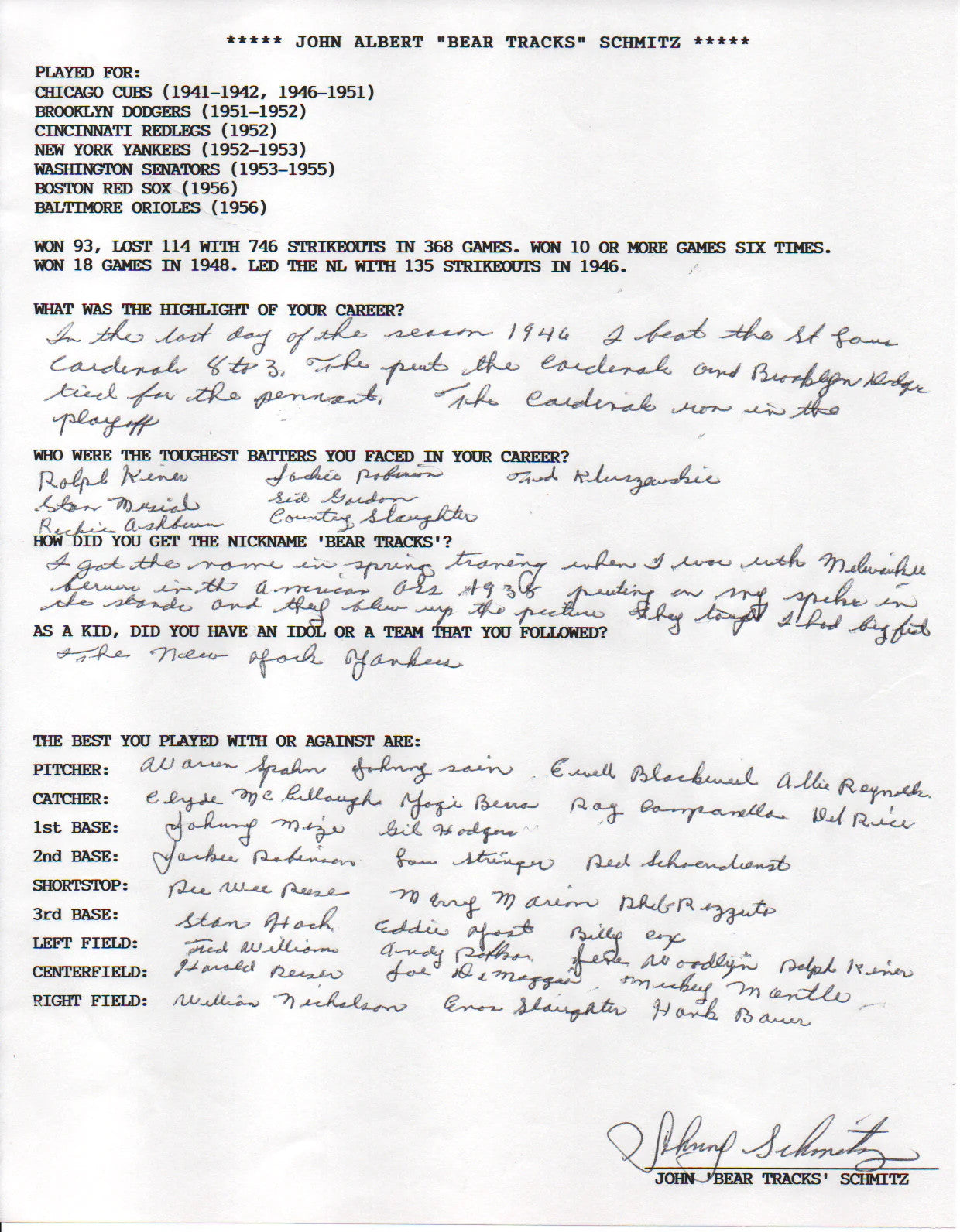 John "Bear Tracks" Schmitz Autographed Hand Filled Out Survey Page (Jsa)