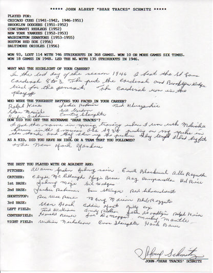 John "Bear Tracks" Schmitz Autographed Hand Filled Out Survey Page (Jsa)