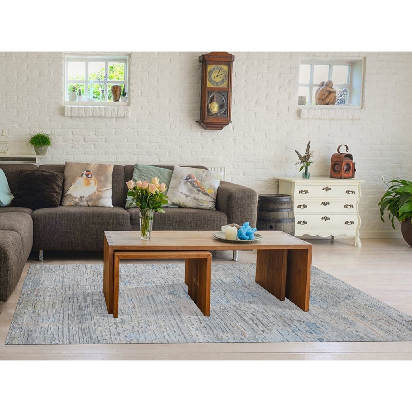 8'X10'6" Ivory Pure Silk Hand Knotted Modern Oriental Oriental Rug