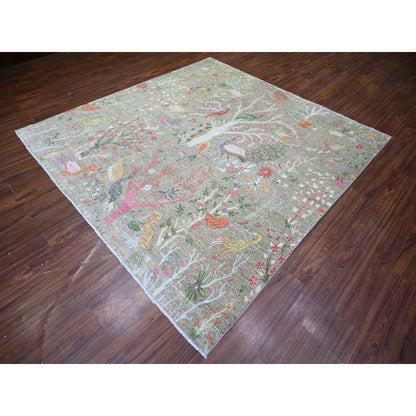 8'X8' Green Birds Of Paradise Hand Knotted Wool Peshawar Square Rug