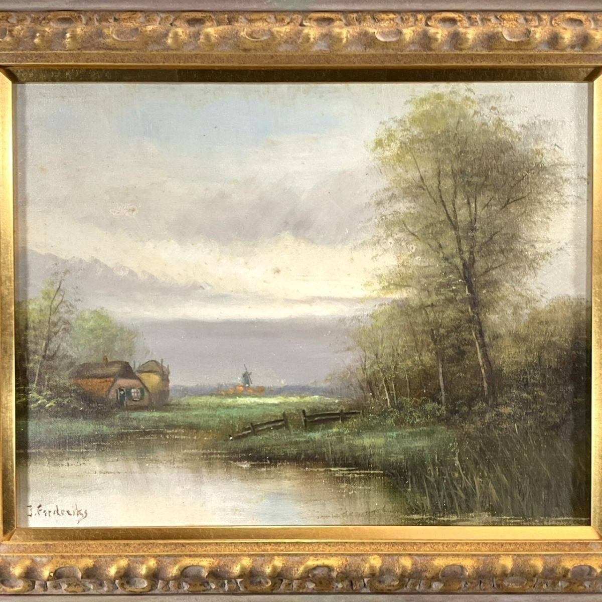 Framed Original Oil Painting European Landscape Windmill Signed Frederiks