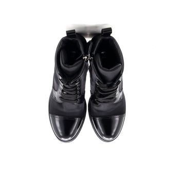 Prada Women'S Triangle Logo Heeled Ankle Boots Nylon And Leather