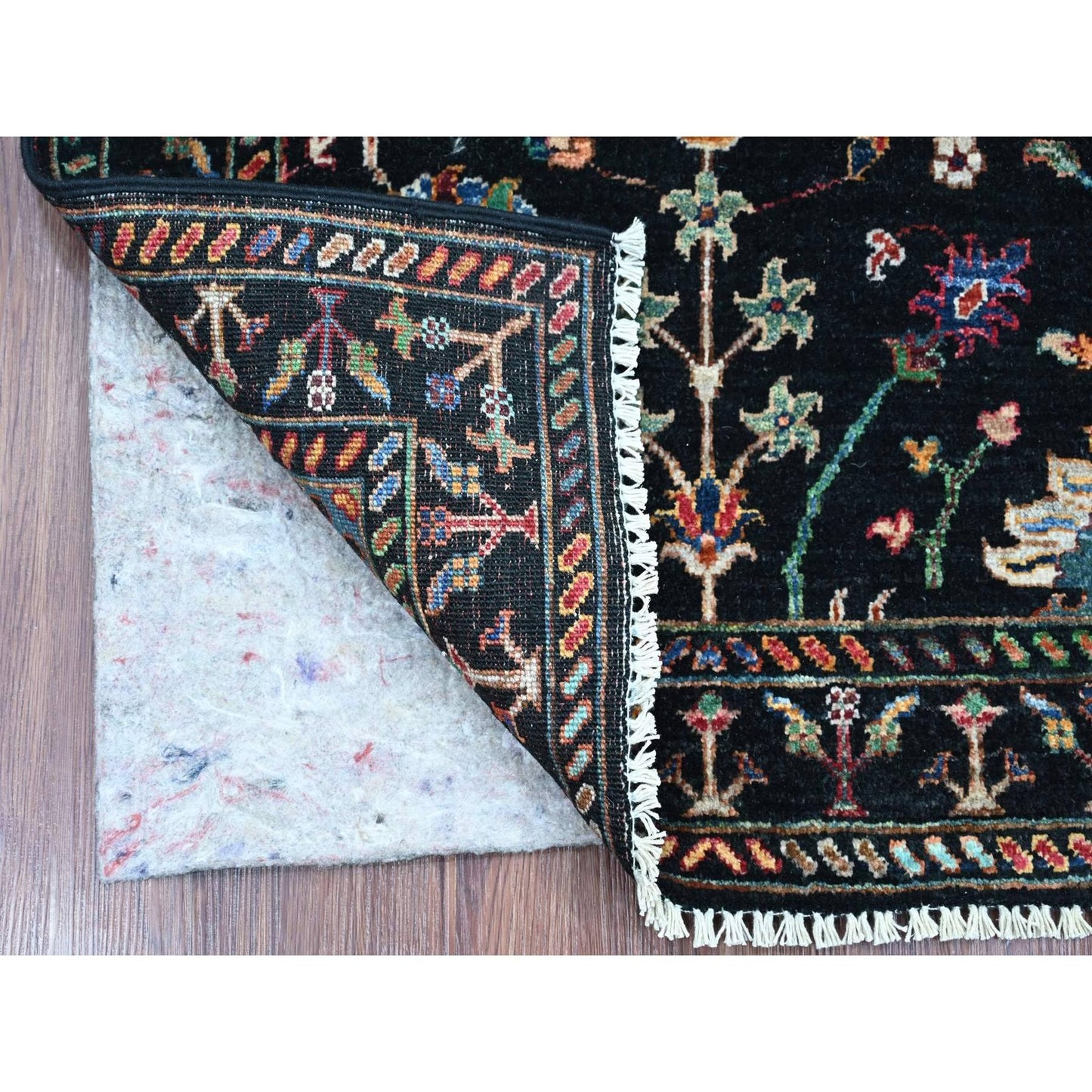 2'8"x4' Black Hand Knotted Sultani Floral Pattern Wool Sample Mat Rug
