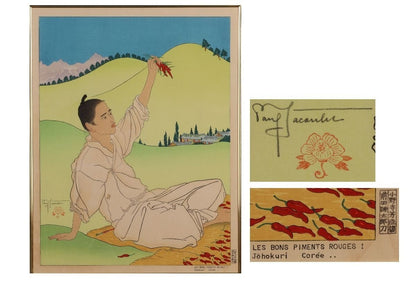 Jacoulet Japanese Print Peppers Landscape Person Antique Framed Woodblock Print