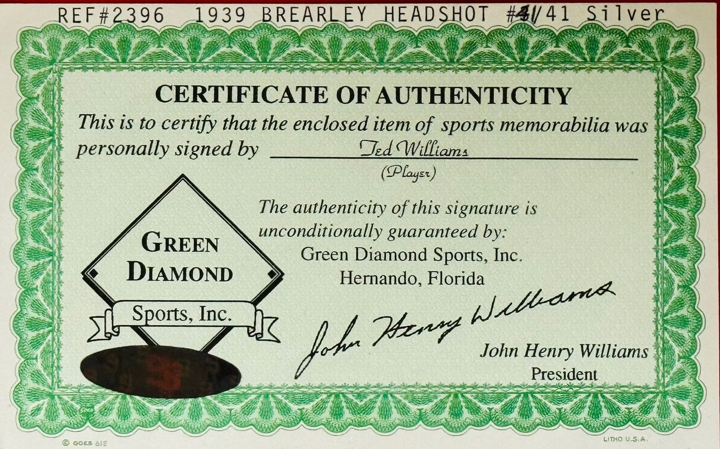 Ted Williams Signed 1939 Brearley Head Shot Framed 16X20 Photo #41/41 (Green Dia