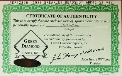 Ted Williams Signed 1939 Brearley Head Shot Framed 16X20 Photo #41/41 (Green Dia