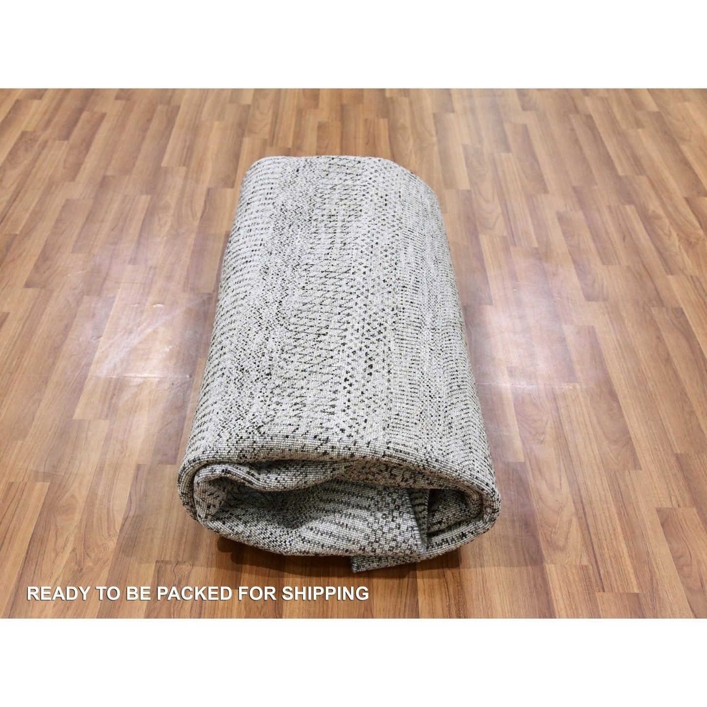 8'X8' Bright Gray Hand Knotted Grass Design Round Pure Undyed Wool Rug