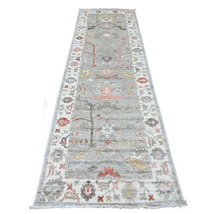3'X10' Medium Gray Afghan Angora Oushak Hand Knotted Pure Wool Runner Rug