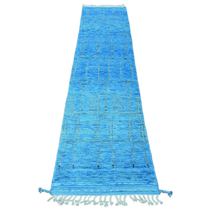 2'5"X10'3" Blue Hand Knotted Geometric Moroccan Weave All Wool Runner Rug