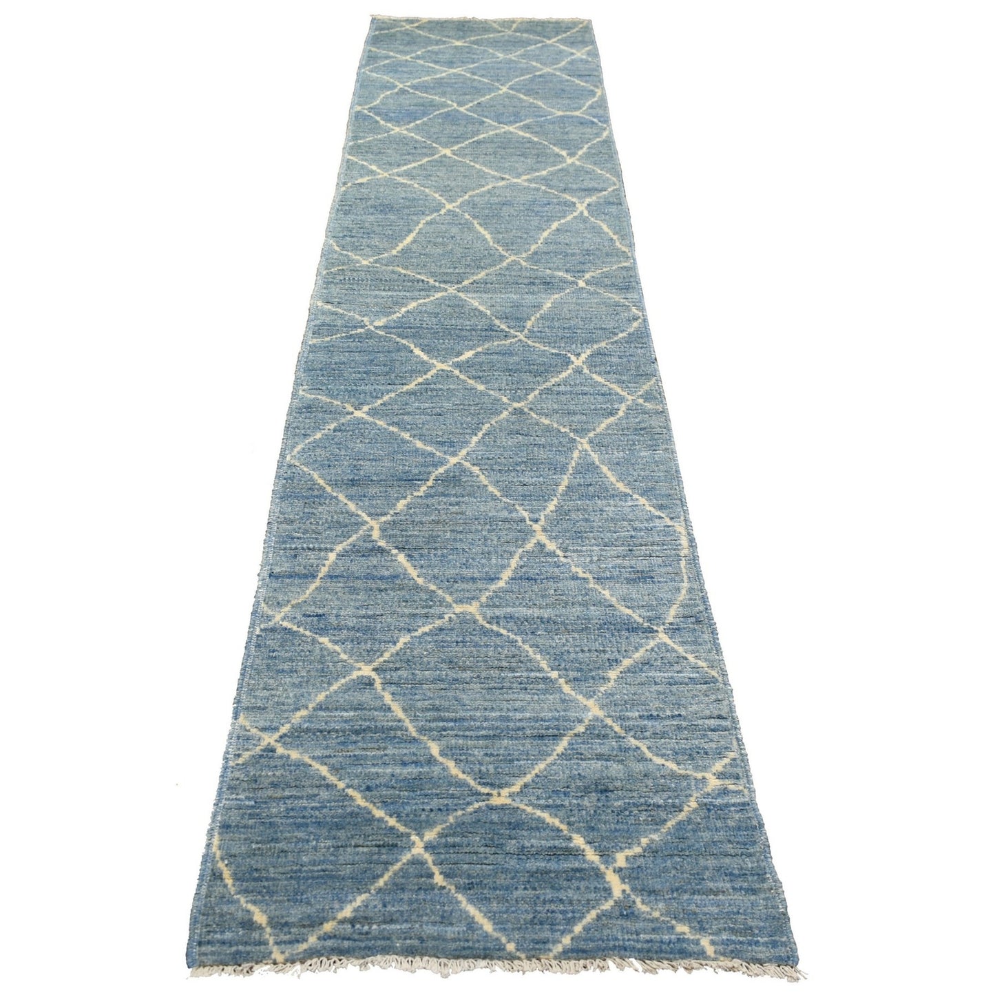 2'6"X11'2" Denim Blue Hand Knotted Moroccan Berber Pure Wool Rug