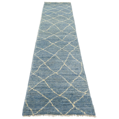 2'6"X11'2" Denim Blue Hand Knotted Moroccan Berber Pure Wool Rug
