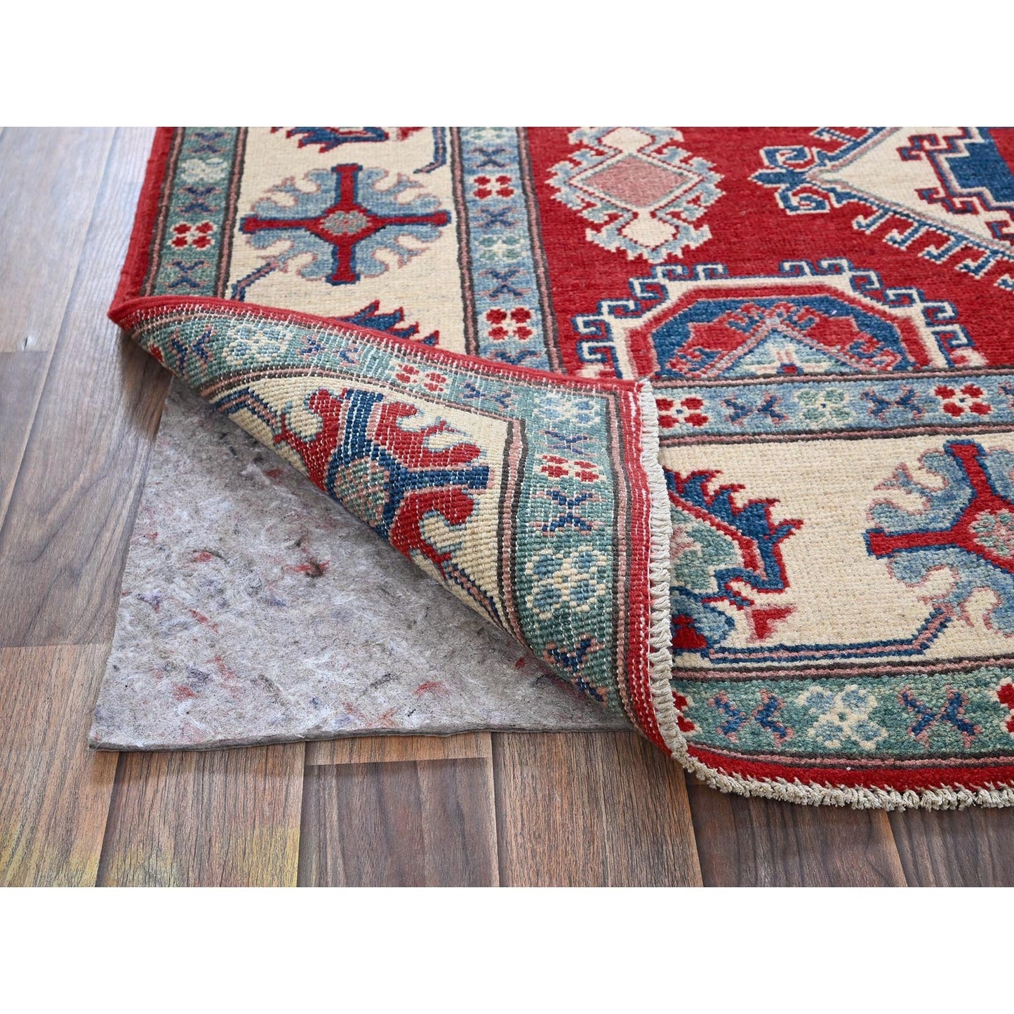 5'1"X6'9" Berry Red Hand Knotted Kazak With Tribal Motifs Soft Wool Rug