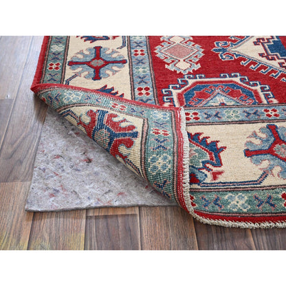 5'1"X6'9" Berry Red Hand Knotted Kazak With Tribal Motifs Soft Wool Rug