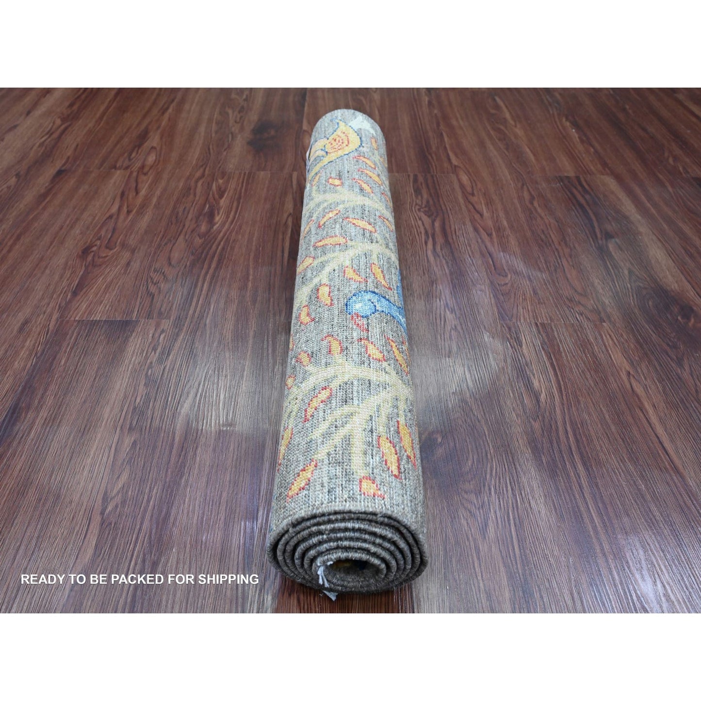 2'8"X5'8" Gray Peshawar Birds Design Hand Knotted Soft Wool Runner Rug