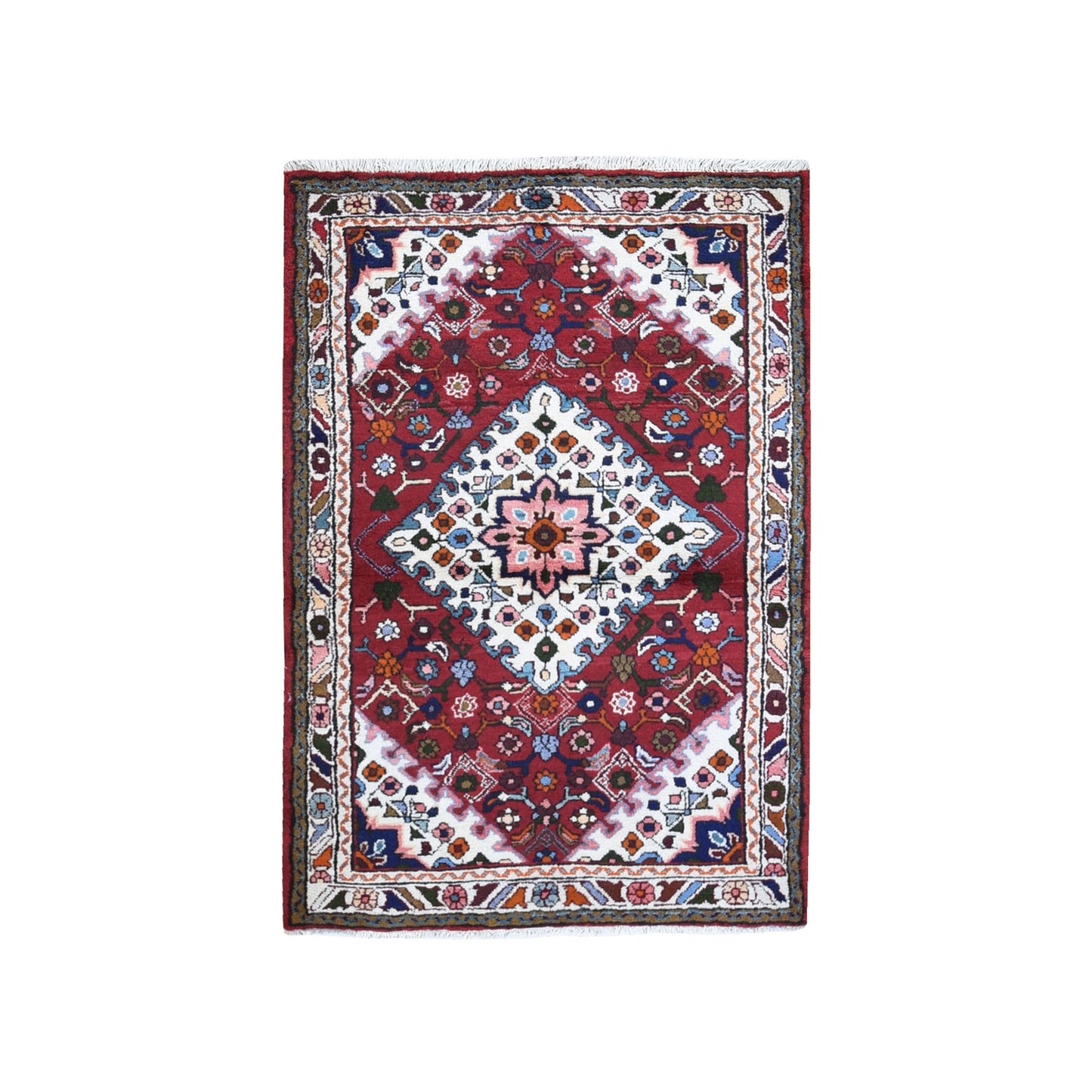 3'6"X5'3" Red New Farsian Amadan Small Flowers Medallion Hand Knotted Rug