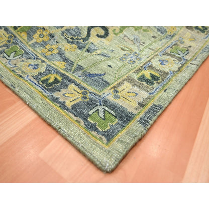 6'1"X9'3" Green Broken And Erased Birds Design Hand Knotted Pure Wool Rug
