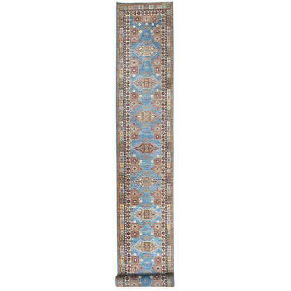 3'X24'5" Blue Pure Wool Hand Knotted Afghan Super Kazak Xl Runner Rug