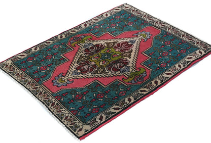 1'11 X 2'8 ft Semi-Antique Distressed Oriental Rug Muted Floral Design Carpet