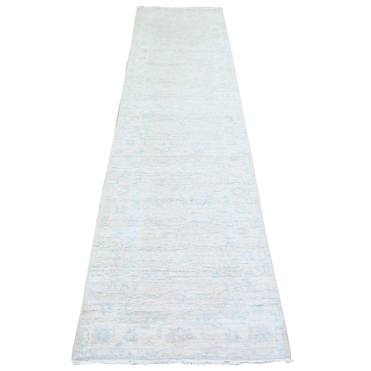 2'5"X9'6" Delicate White Washed Out Peshawar Wool Hand Knotted Runner Rug