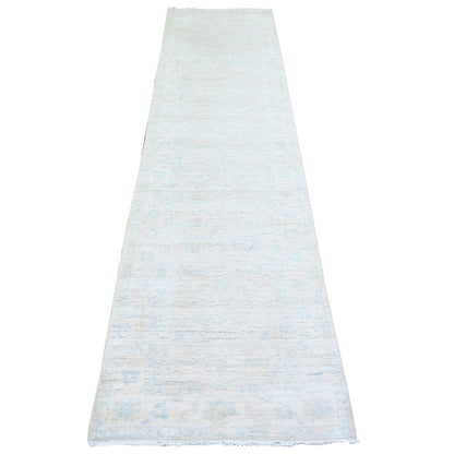 2'5"X9'6" Delicate White Washed Out Peshawar Wool Hand Knotted Runner Rug