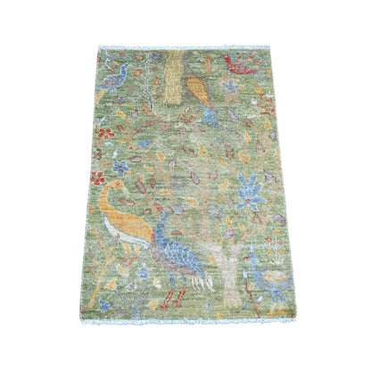 2'X3' Green Wool Rug Peshawar Birds Of Paradise Design Hand Knotted Mat