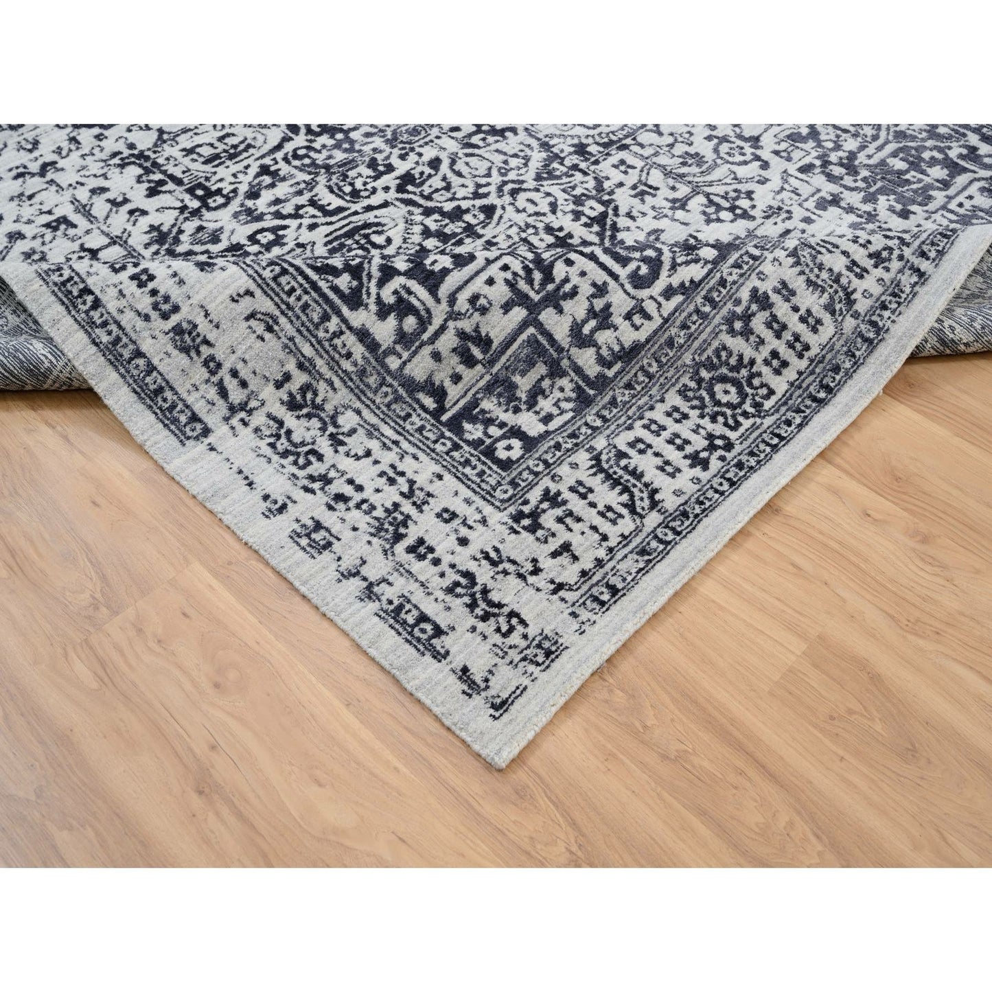 8'X10' Black Hand Loomed Erased Serapi Heris Design Wool And Silk Rug