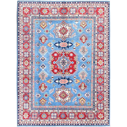 8'10"X11'8" Blue Kazak With Geometric Design Hand Knotted Soft Wool Rug