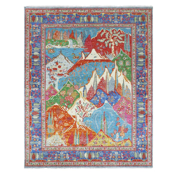 8'X10' Blue Pictorial Mountain, Tree Scenery Design Hand Knotted Wool Rug